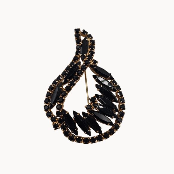 Gold Tone Black Navette Brooch Prong Set Rhinestone Unsigned Swirl Pin Fashion - Picture 9 of 14